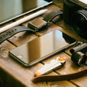mobile, phone, watch, wooden, table, camera, lens