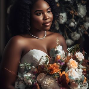 Beautiful african american young woman with afro hairstyle and makeup in white wedding dress posing with bouquet of flowers.